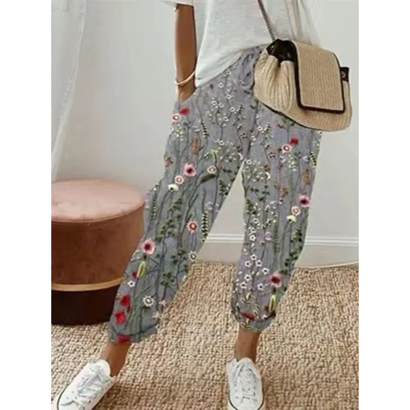 Damen Luftige Freizeithose mit floraler Stickerei Drune