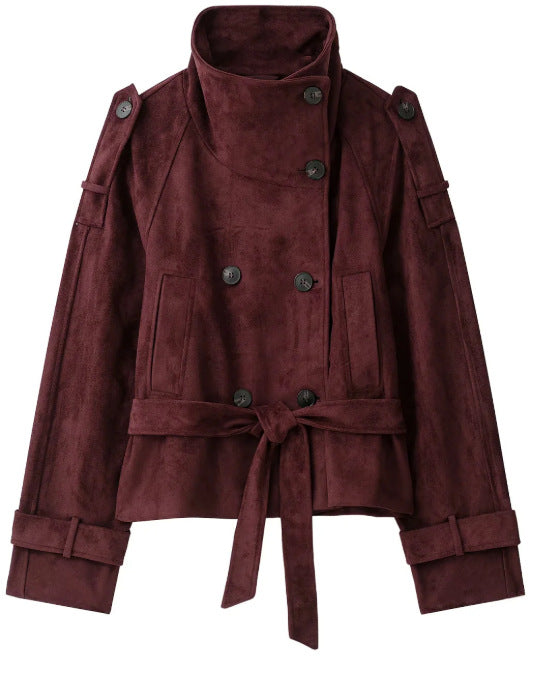 Damen Kurzjacke aus Wildlederimitat mit hohem Stehkragen und Bindegürtel Drune