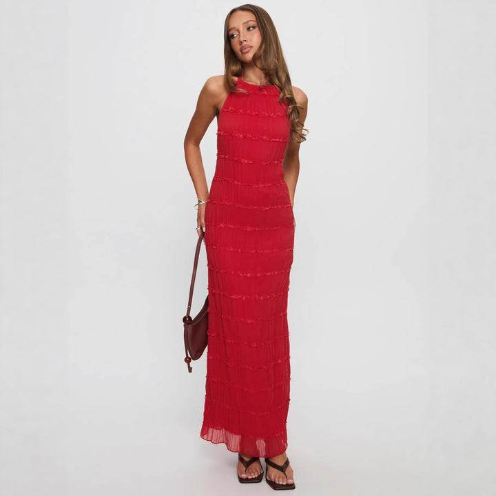 Damen Maxikleid mit schulterfreiem Design und fließenden Rüschen Drune