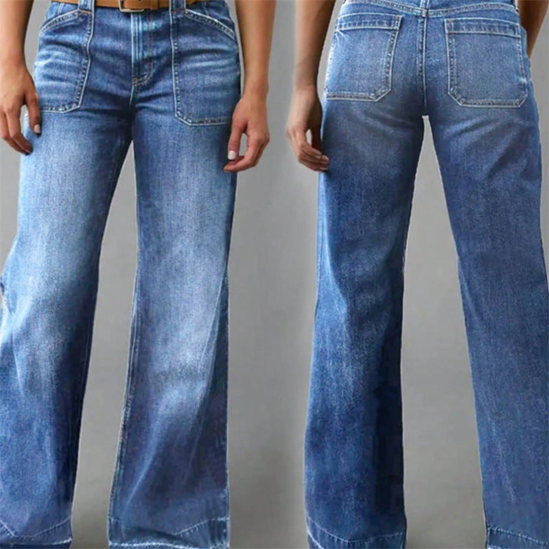 Damen Hochtaillierte Denim-Jeans mit weitem Schlagbein und aufgesetzten Vordertaschen Drune