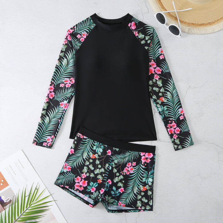 Damen UV-Schutz Badeanzug mit floralem Langarmoberteil und komfortablem Shorts Drune