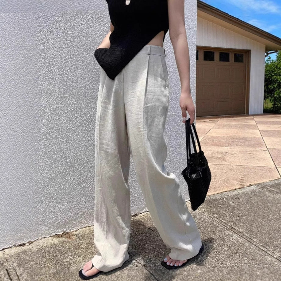 Damen Weite Leinenmix-Hose mit hoher Taille, Bügelfalte und Eingrifftaschen Drune