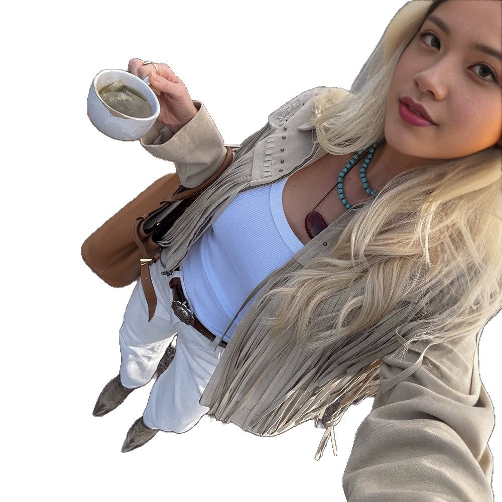 Damen Kurzfransen-Suedejacke im Westernstil mit Ziernähten und Nieten Drune