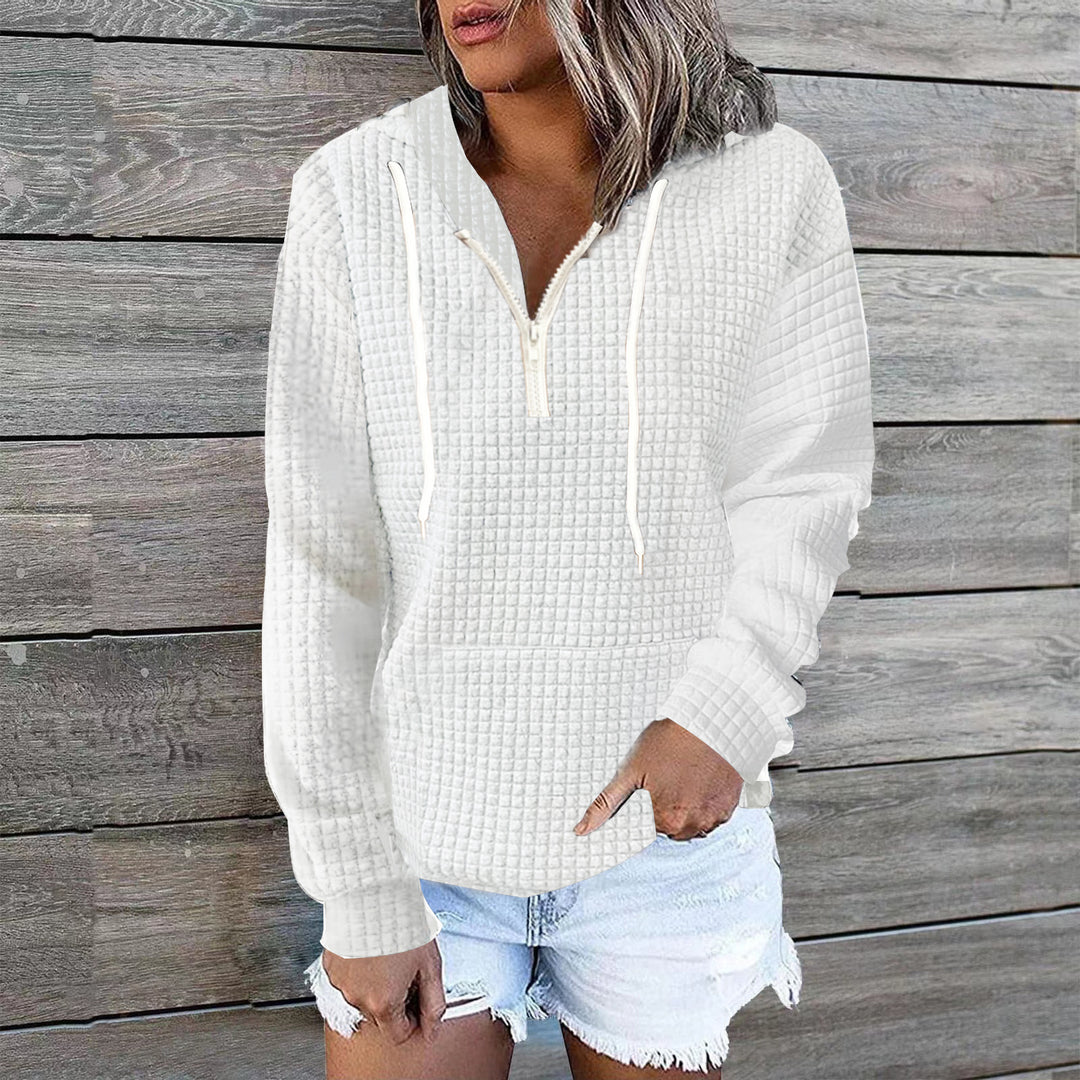 Damen Waffelstruktur Kapuzenpullover mit Halbzip, Kängurutasche und lässigem Oversize‑Schnitt Drune