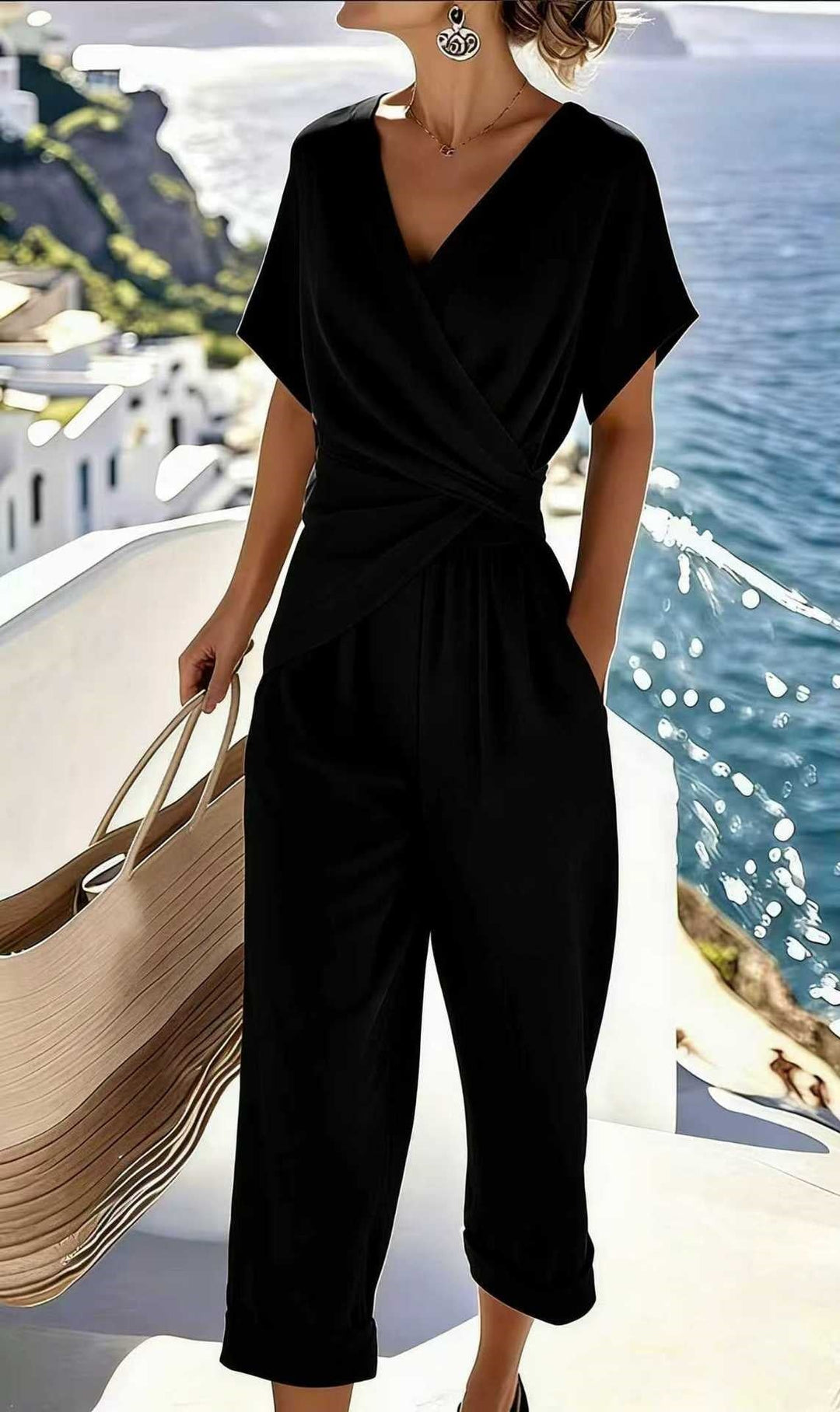 Damen Eleganter Jumpsuit mit Wickeloptik und breiten Beinen Drune
