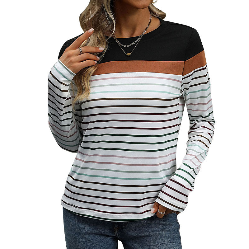 Damen Langärmliges gestreiftes Shirt mit Colorblock‑Schulter und Rundhalsausschnitt Drune