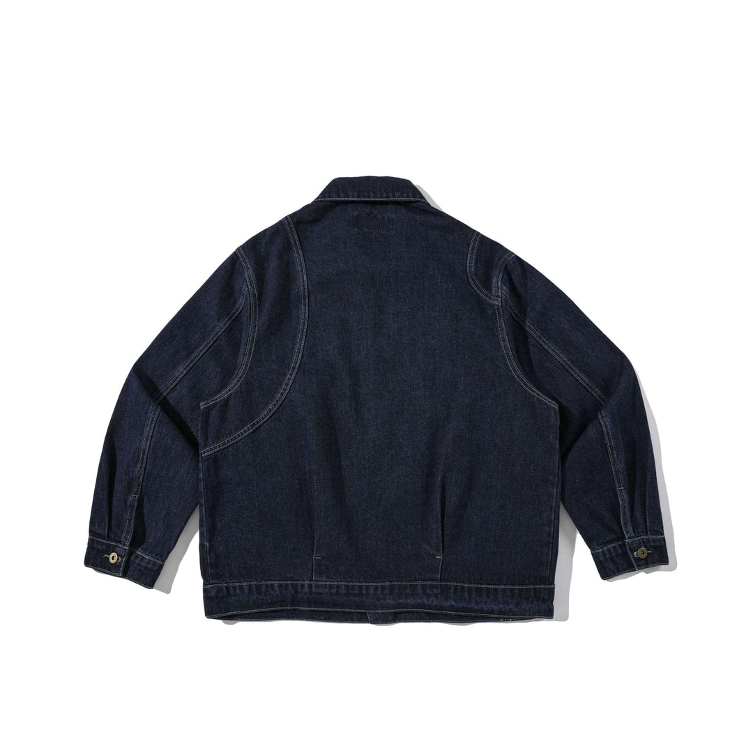 Unisex Boxy-Denimjacke im Workwear‑Stil mit markanten Rundtaschen Drune