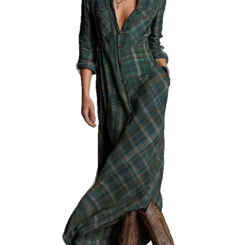 Damen Maxikleid aus kariertem Flanell-Look mit Knopfleiste und seitlichen Taschen Drune
