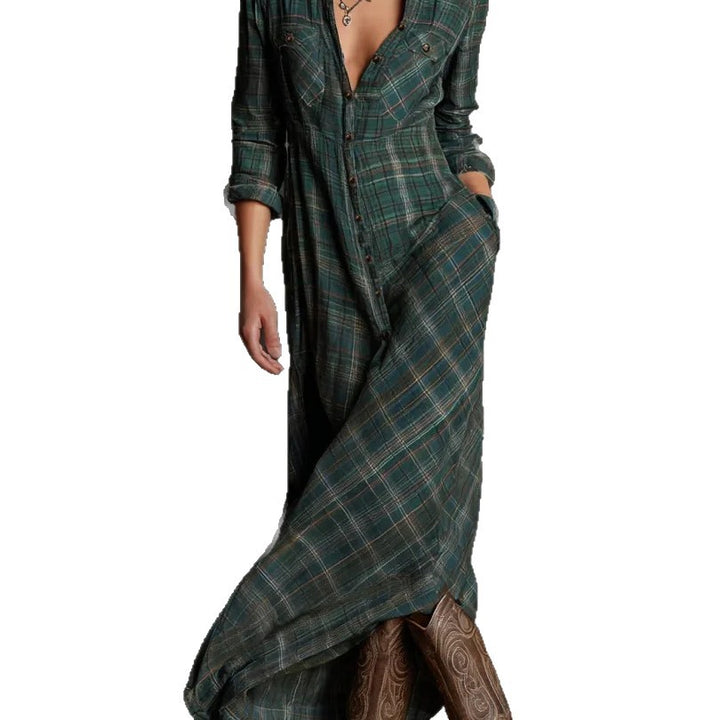 Damen Maxikleid aus kariertem Flanell-Look mit Knopfleiste und seitlichen Taschen Drune