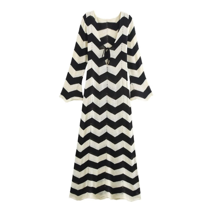 Damen Strick-Maxikleid mit Zickzack-Muster, V‑Rücken und Trompetenärmeln Drune