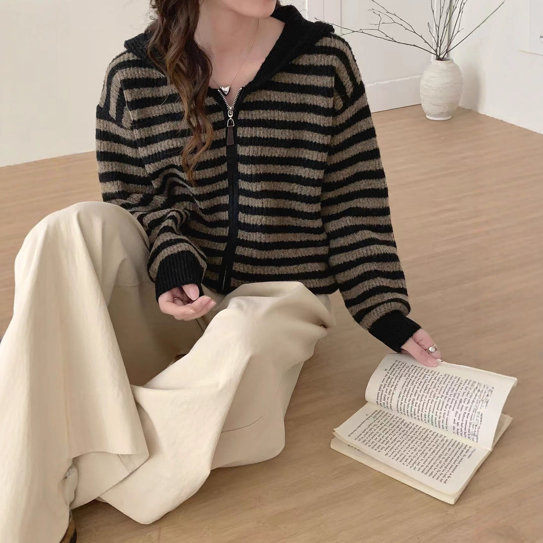 Damen lässiger Strickpullover mit Kapuze und Reißverschluss Drune