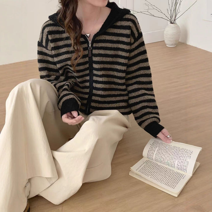 Damen lässiger Strickpullover mit Kapuze und Reißverschluss Drune