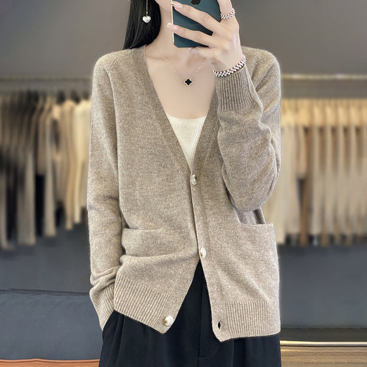 Damen Lässiger Feinstrick-Cardigan mit V‑Ausschnitt, Eingrifftaschen und breitem Rippbund Drune