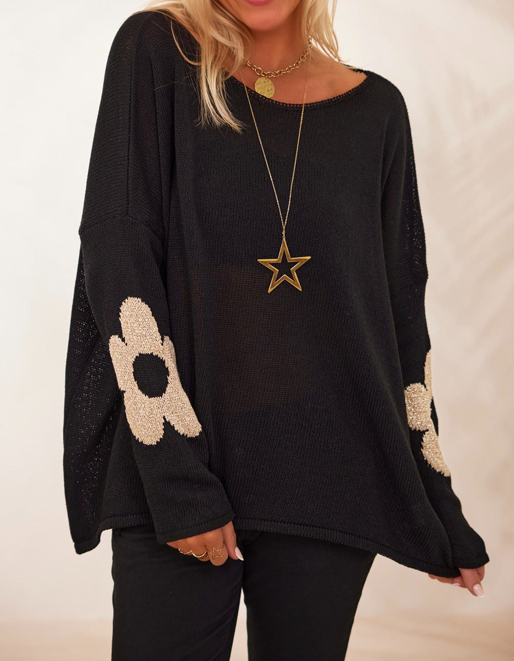 Damen modischer Strickpullover mit floralen Applikationen Drune