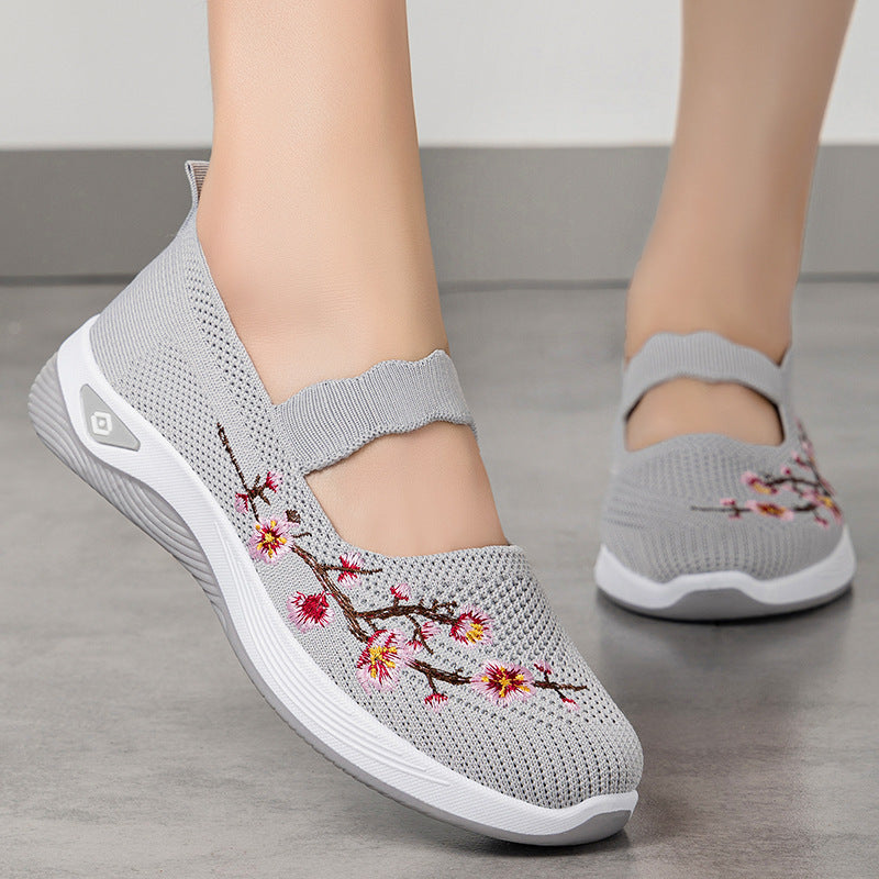 Damen nan bestickter Komfort-Ballerina mit elastischem Mary-Jane-Riemen, atmungsaktivem Strickoberteil und stoßdämpfender EVA-Keilsohle Drune
