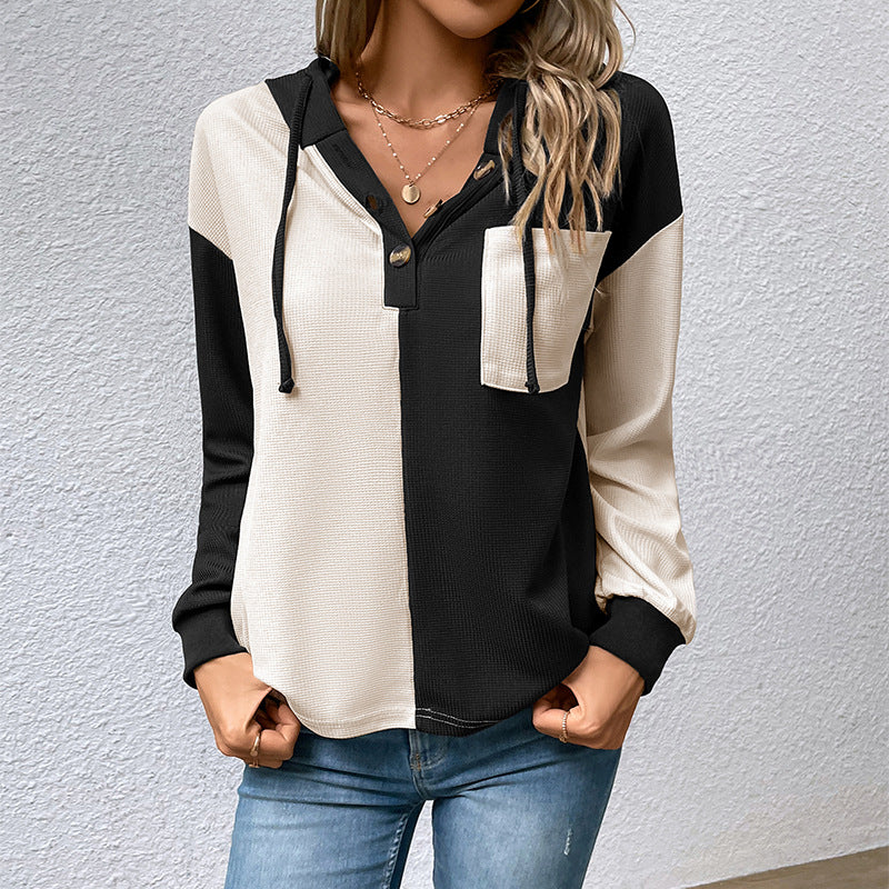 Damen Lässiges Colorblock-Hoodie-Henley mit Waffelstruktur und Brusttasche Drune