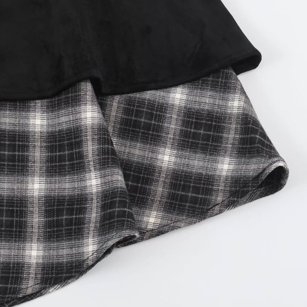 Damen Asymmetrischer Lagenrock mit Kunstleder-Oberschürze und kariertem Chiffon-Volant Drune