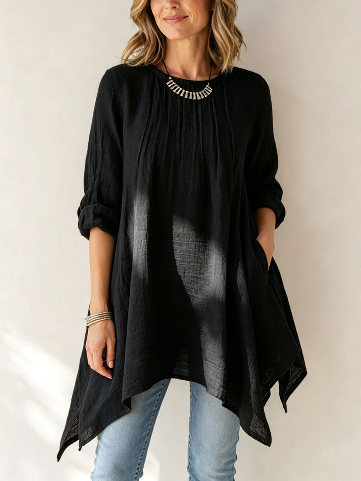 Damen Lässige Tunika-Bluse mit asymmetrischem Saum, feiner Waffelstruktur und Kellerfalten Drune