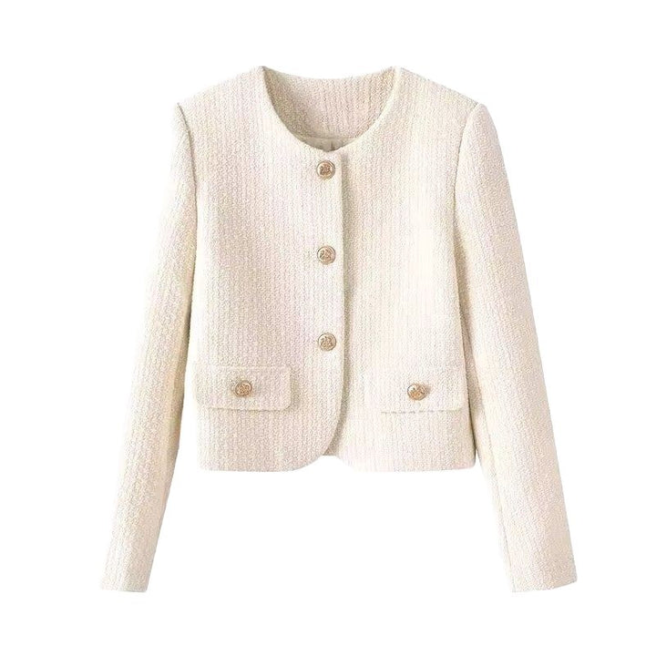 Damen elegante Kurzjacke im Tweed-Stil mit goldenen Knöpfen Drune