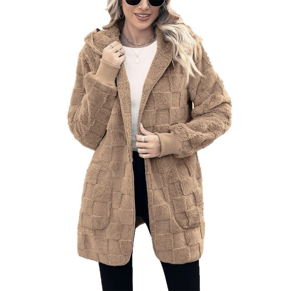 Damen nan kuschelige Kapuzen-Longjacke aus Teddyfleece mit aufgesetzten Taschen und strukturierter Karooptik Drune