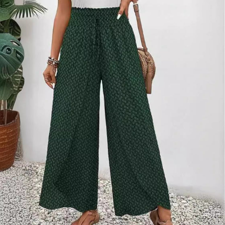 Damen nan weite Sommer-Palazzohose mit gerafftem Komfortbund, fließender Beinweite und geometrischem Allovermuster Drune
