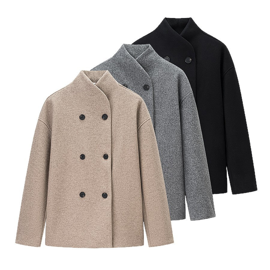 Damen Oversized Wolljacke mit doppelter Knopfleiste und modernem Stehkragen Drune