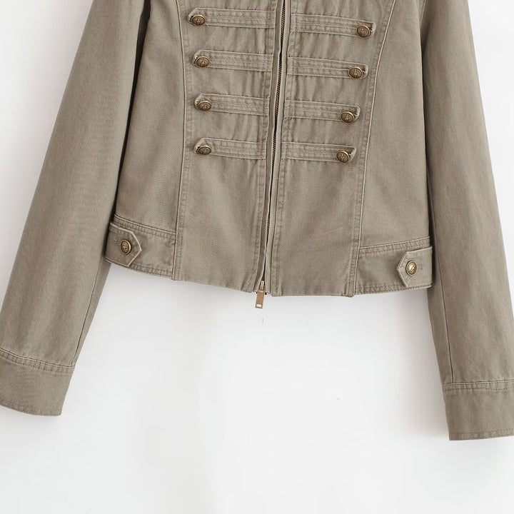 Damen Kurzjacke im Army‑Look aus Baumwoll‑Twill mit Stehkragen und dekorativen Zierriegeln Drune