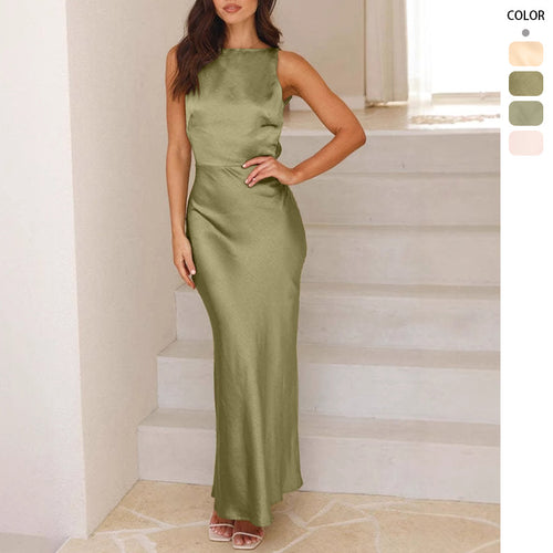 Damen Satin Maxikleid mit elegantem Schnitt und hohem Schlitz Drune