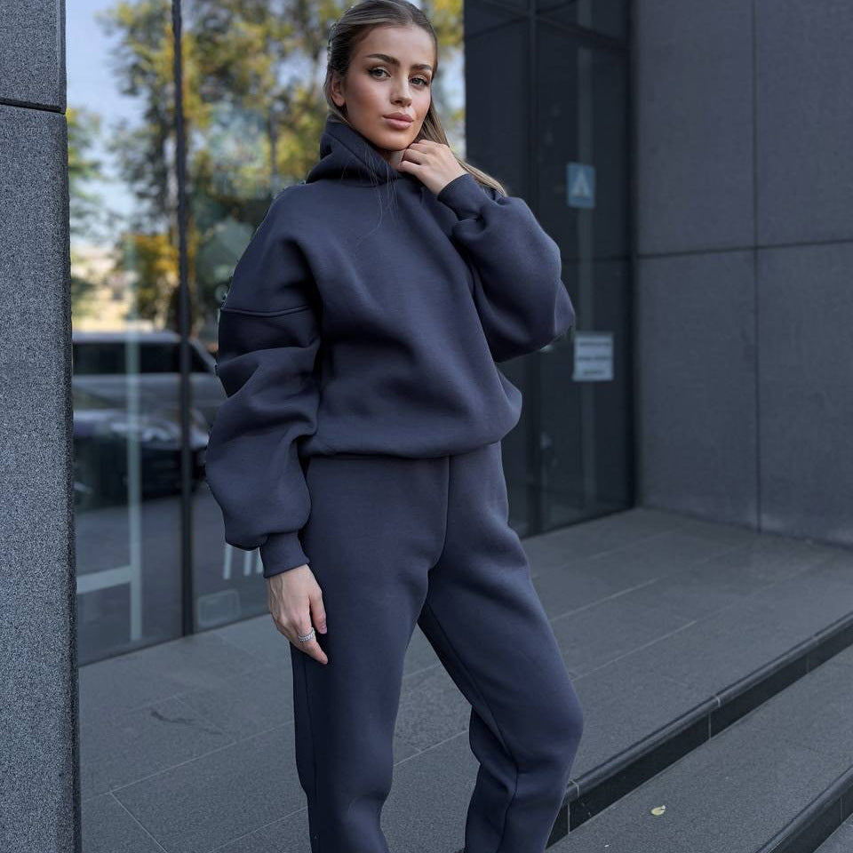 Damen Oversized-Fleece-Sweatset mit Kapuze und konisch zulaufender Jogginghose Drune