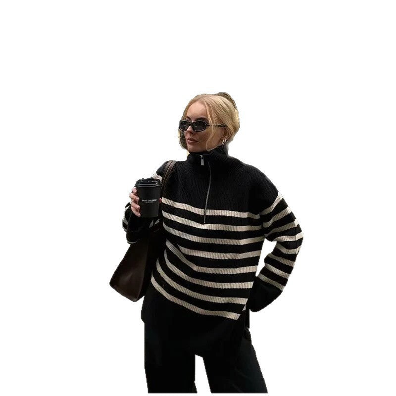 Damen Teddy-Pullover mit hohem Kragen und modernem Streifenmuster Drune
