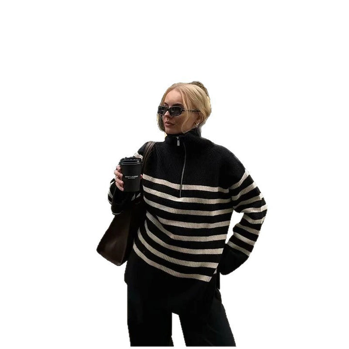 Damen Teddy-Pullover mit hohem Kragen und modernem Streifenmuster Drune