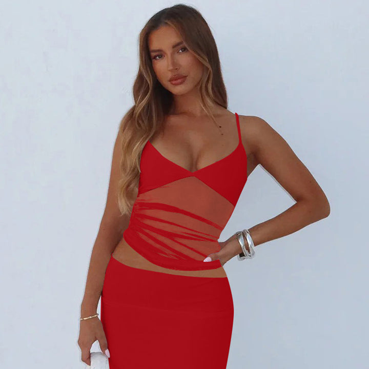 Damen Spaghetti-Träger Blusenoberteil mit transparenter Drapierung Drune