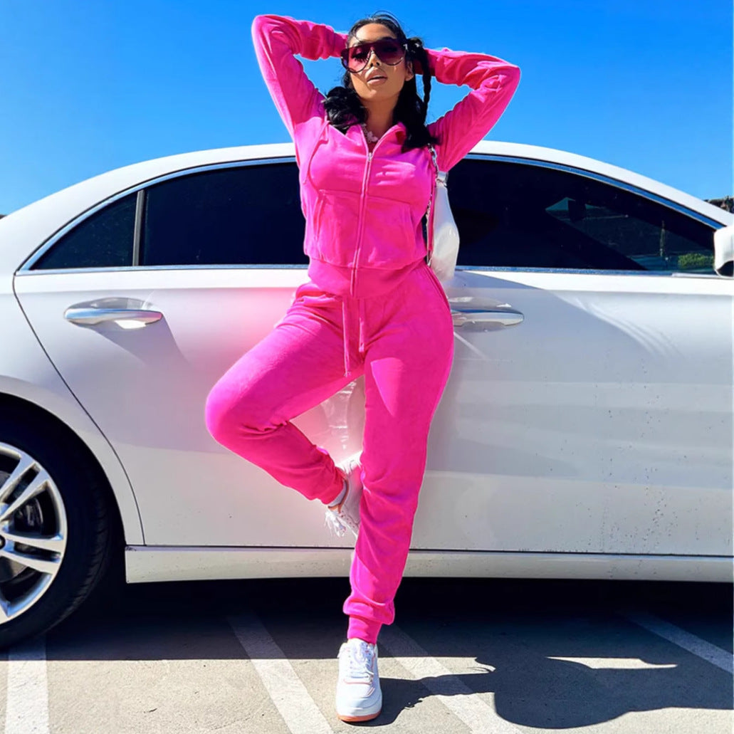 Damen modischer Velours-Jogginganzug mit Kapuze Drune