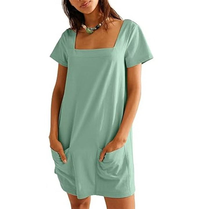 Damen Lockeres Sommerkleid mit Quadrat-Ausschnitt und praktischen Taschen Drune