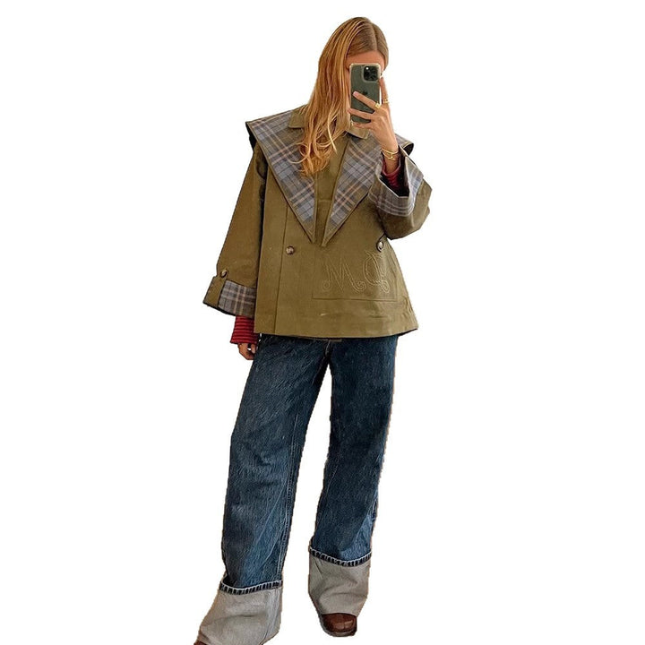 Damen modische Oversized Jacke mit kariertem Kragen Drune