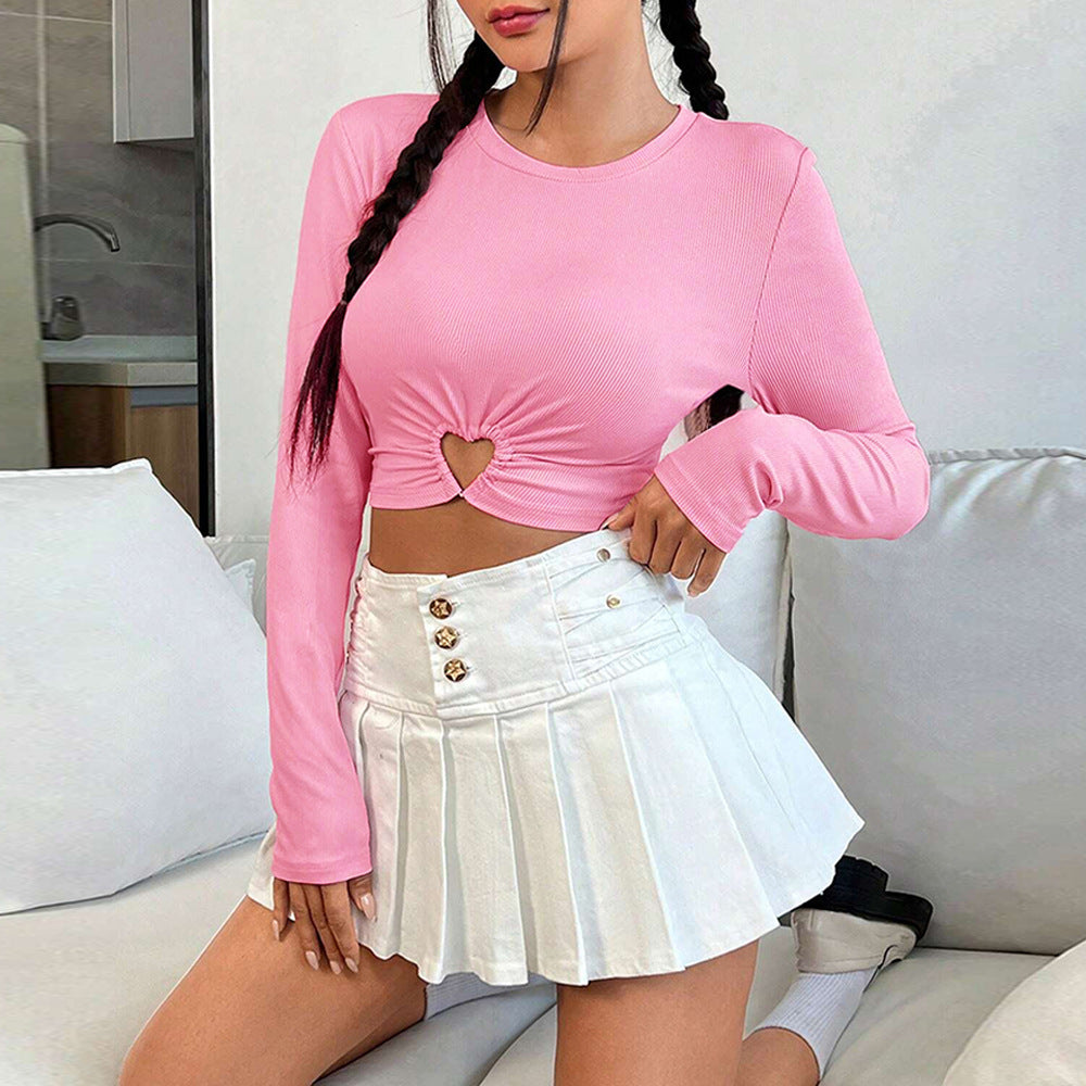 Damen gerafftes Crop-Top mit Herz-Cutout, langärmlig und feiner Rippstruktur Drune