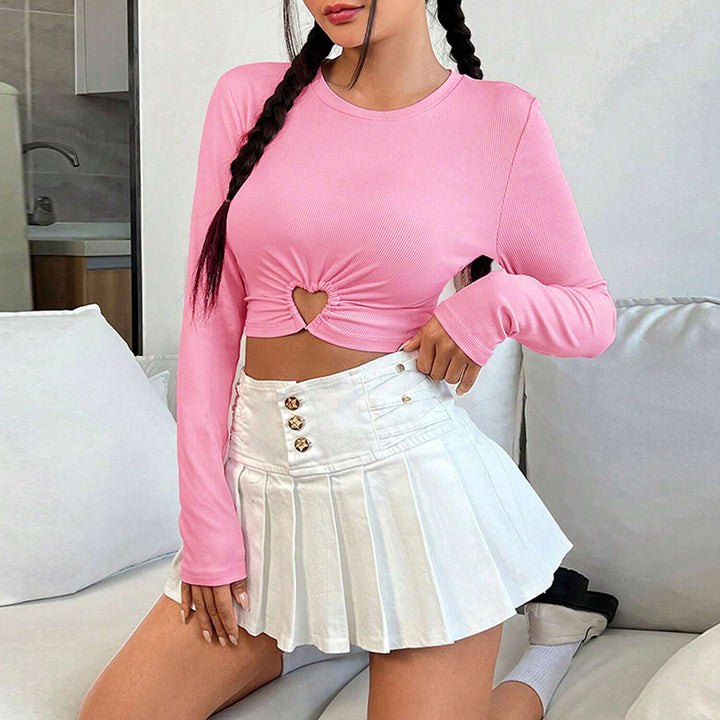 Damen gerafftes Crop-Top mit Herz-Cutout, langärmlig und feiner Rippstruktur Drune