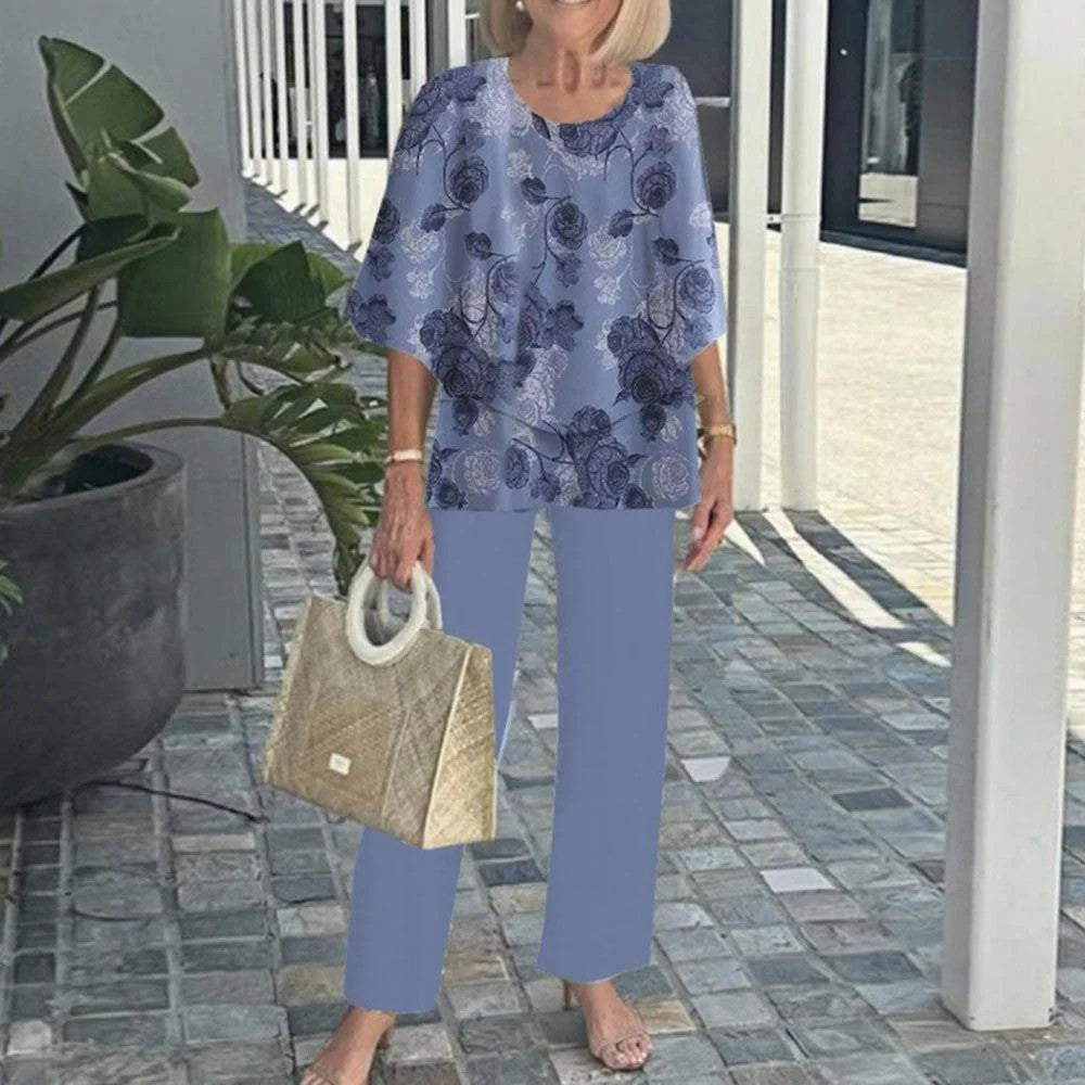 Damen nan Lagen-Tunika mit Cape-Ärmeln und knöchellanger Geradebeinhose mit Grafikprint Drune