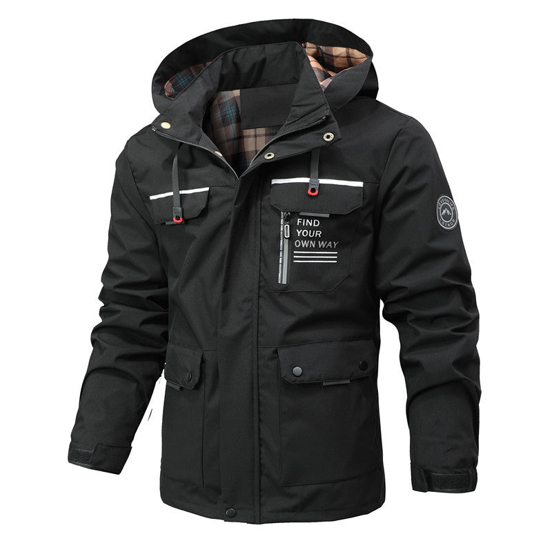 Herren Multitaschen-Softshell-Parka mit Kapuze und kariertem Innenfutter Drune