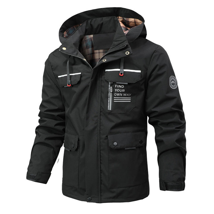 Herren Multitaschen-Softshell-Parka mit Kapuze und kariertem Innenfutter Drune