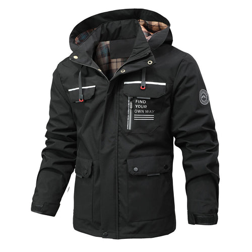 Herren Multitaschen-Softshell-Parka mit Kapuze und kariertem Innenfutter Drune