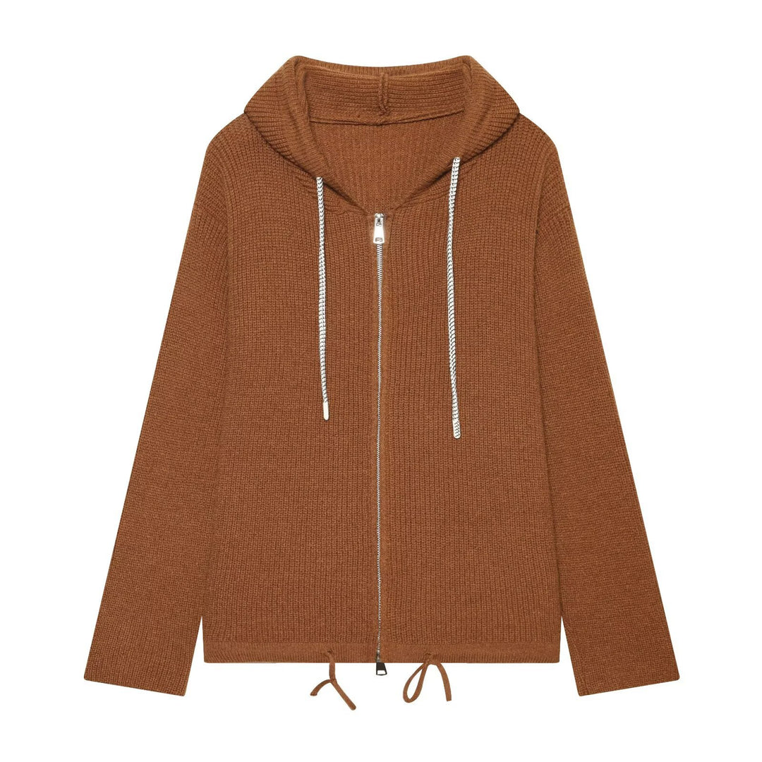 Damen Strickkapuzenjacke mit durchgehendem Reißverschluss, Rippenstruktur und Tunnelzug Drune