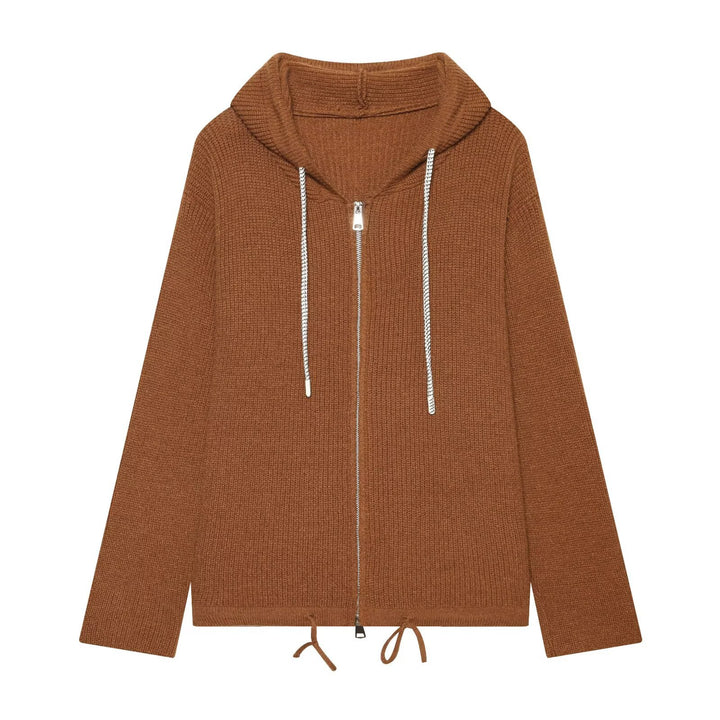Damen Strickkapuzenjacke mit durchgehendem Reißverschluss, Rippenstruktur und Tunnelzug Drune