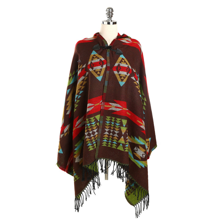 Damen Ethno-Jacquard-Poncho mit Knebelverschluss und Fransensaum Drune