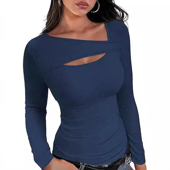 Damen Geripptes Langarmshirt mit asymmetrischem Carmenausschnitt und Brust-Cut-Out Drune
