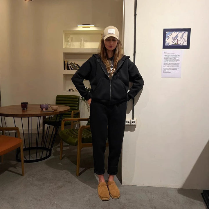 Damen lässiges Fleece-Zweiteiler mit Oversize-Kapuzenjacke und tapered Joggerhose Drune