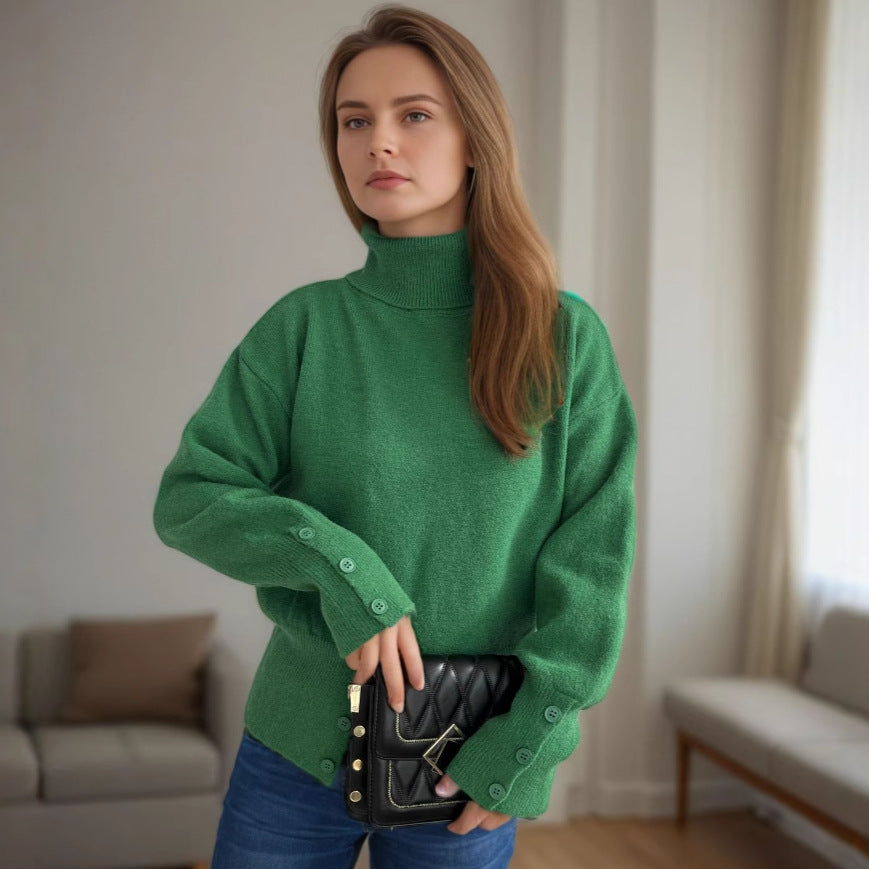 Damen gemütlicher Rollkragenpullover mit Knopfdetails Drune
