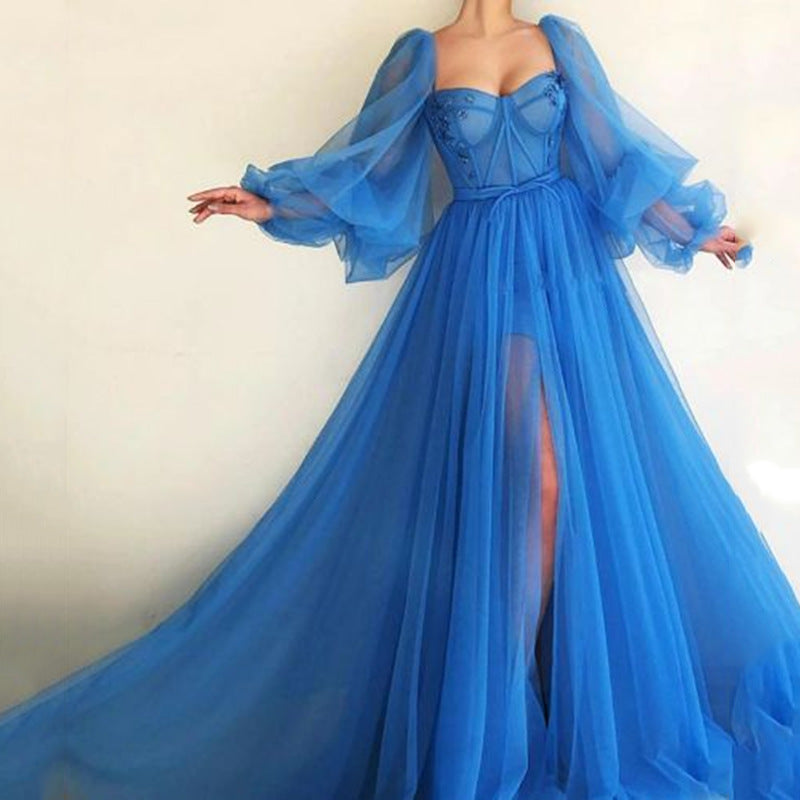 Damen Tüll Abendkleid mit voluminösen Ärmeln und seitlichem Schlitz Drune