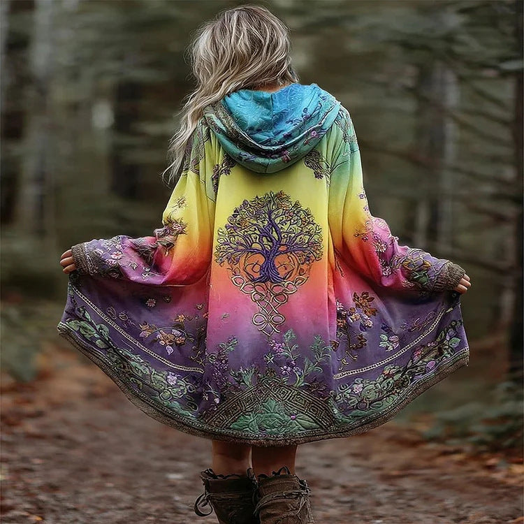 Damen Boho Kapuzenmantel im Schwung-Schnitt mit Baum-Motiv und Farbverlauf Drune