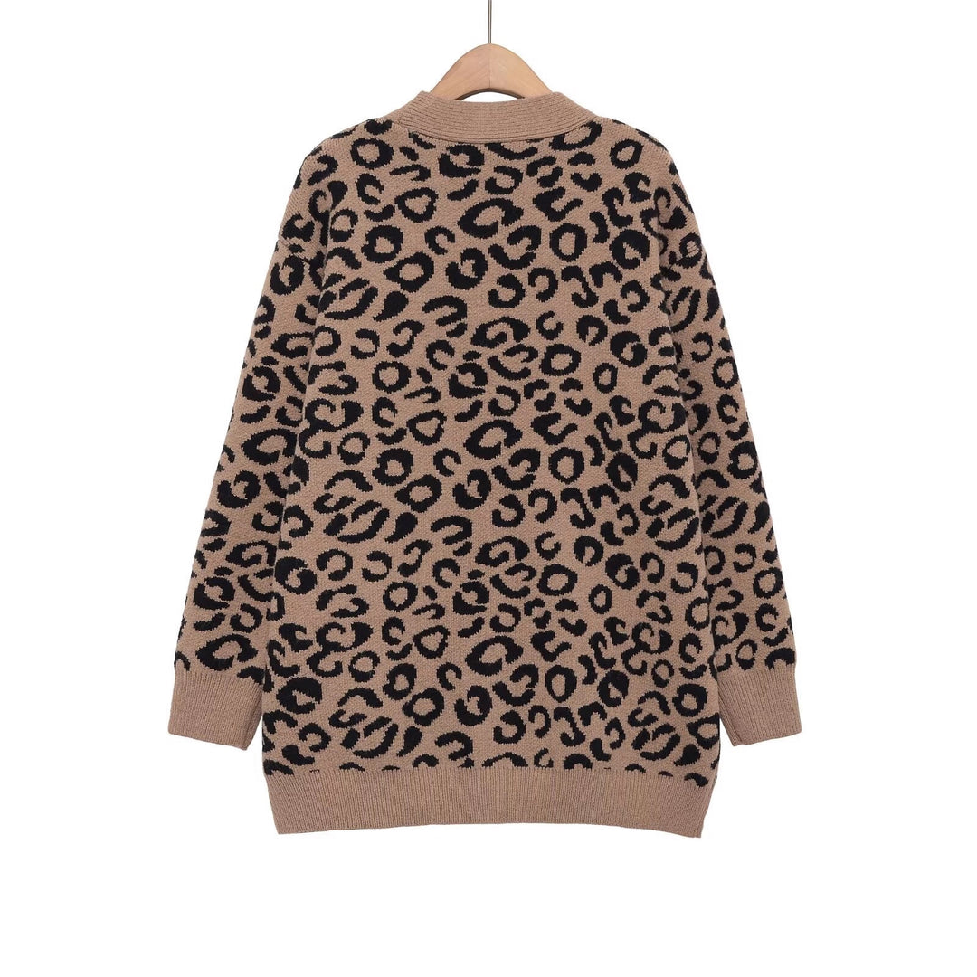Damen Oversize-Strickcardigan mit Leoprint, V‑Ausschnitt und Knopfleiste Drune
